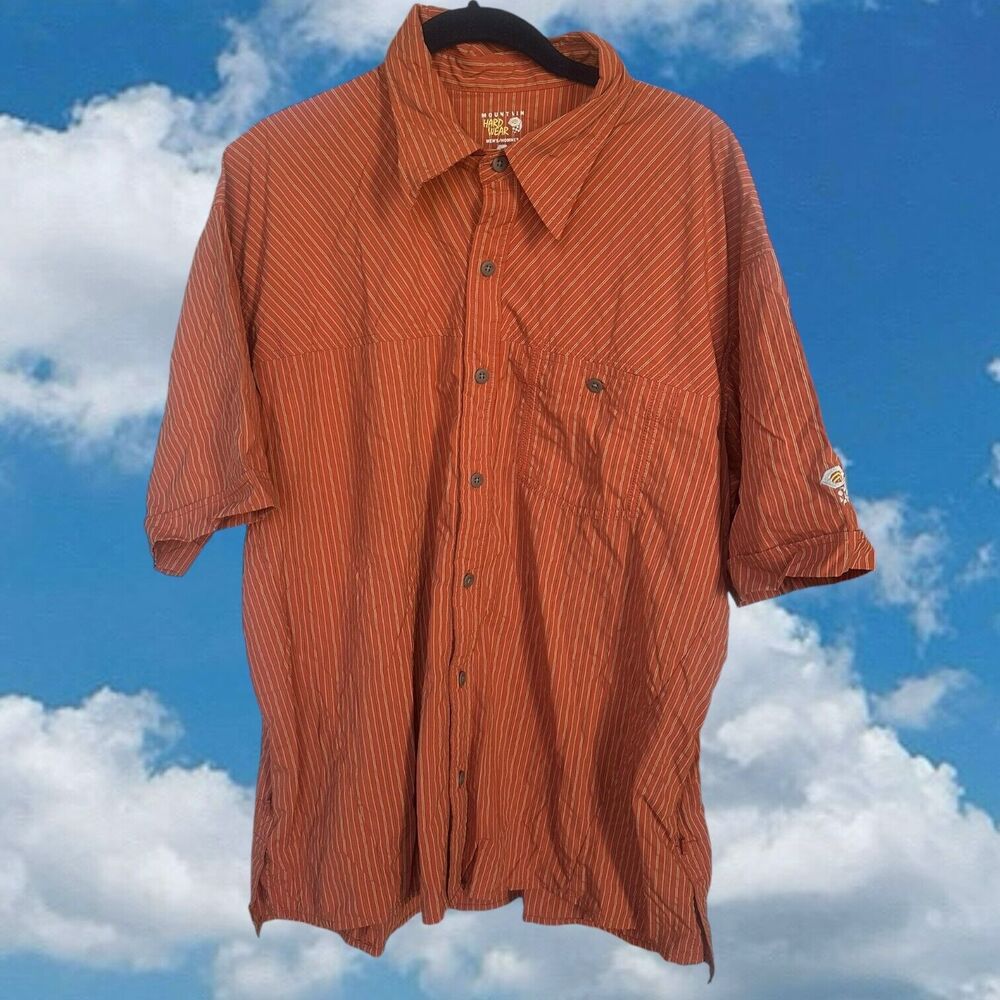 Mountain Hardwear Mens XL Vented Button Up Shirt Orange Striped Short Sleeve